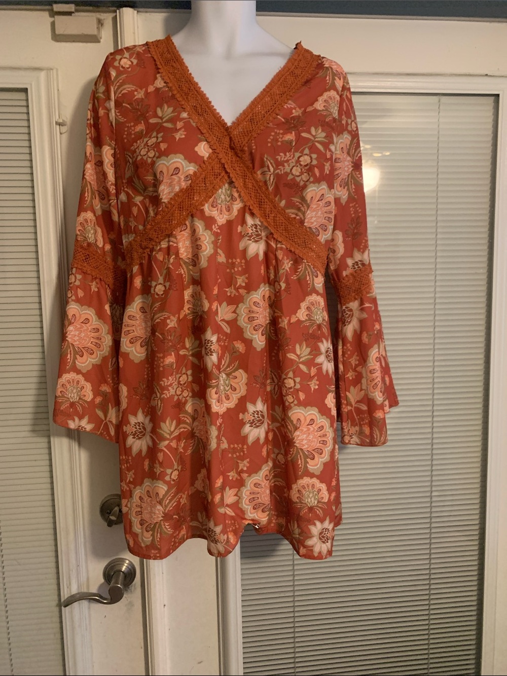 Cider Rust Floral Crochet-Trim Dress w/bell sleeves